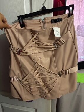 BLITHE Pink-Tan Faux Leather Lace-Up Mini Skirt